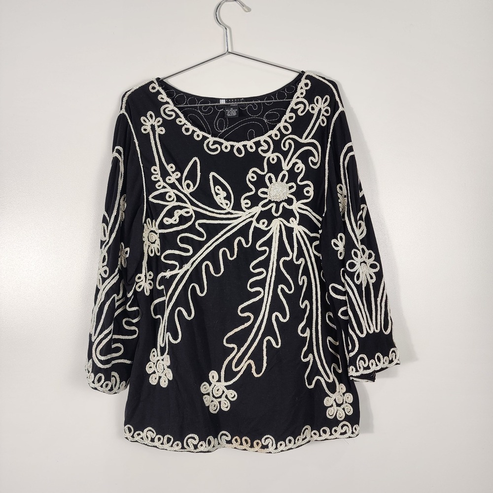 Carole Little Top Womens 1X Black Boho Embroidered Soutache Floral